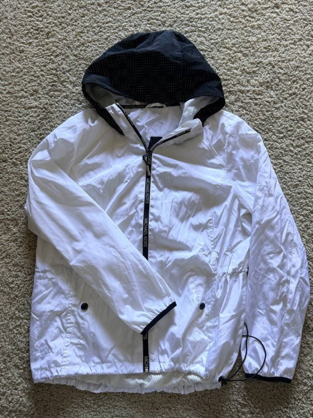 MICHAEL KORS White Logo Tape Hooded Windbreaker Jacket Lightweight Mesh Lined